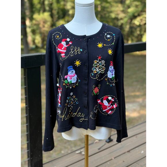 Jack B Quick Vintage Christmas Cardigan Santa Snowman Beaded Holiday Sweater L - Picture 4 of 8